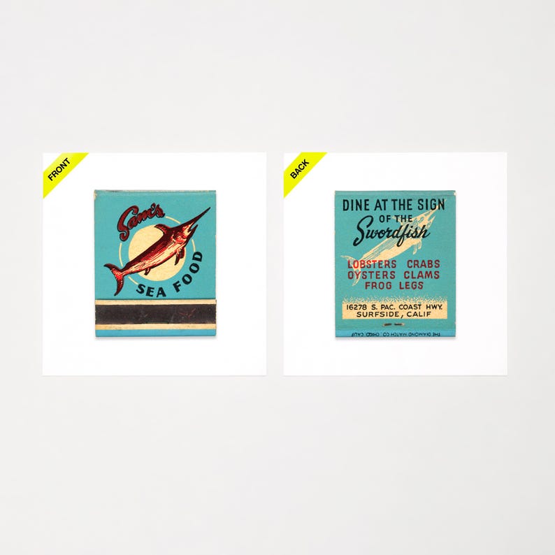 Sam's Seafood (surfside, CA) - Vintage 1940s Matchbook Cover Glicée ...