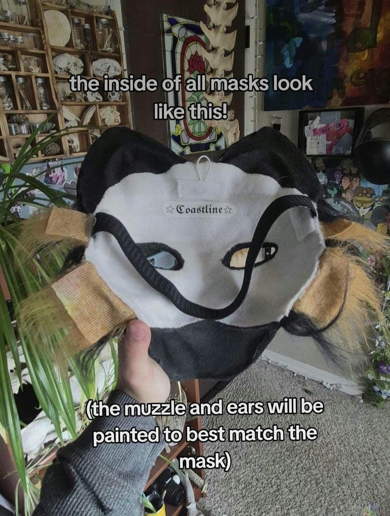 May include: A handmade mask with a white face, black accents, and tan fur details. The text "the inside of all masks look like this!" and "Coastline" are visible. The muzzle and ears will be painted to match the mask.