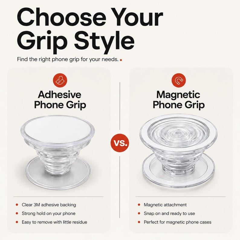 May include: An infographic titled Choose Your Grip Style comparing an Adhesive Phone Grip with a clear 3M adhesive backing and a Magnetic Phone Grip with a magnetic attachment. Both grips are clear, circular, and collapsible in design.