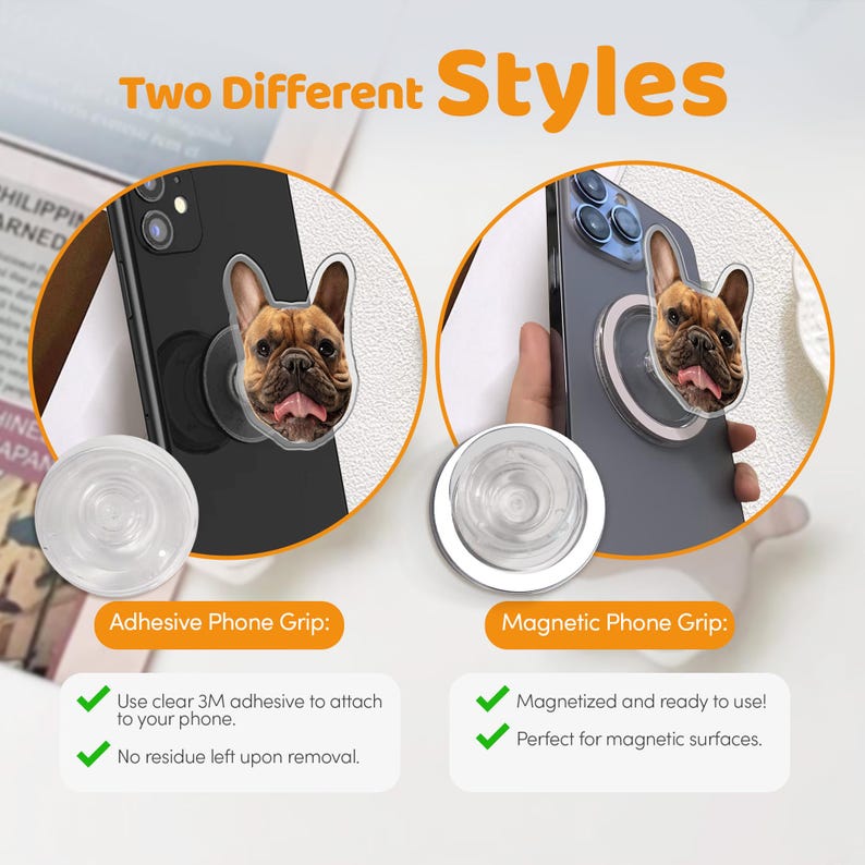 May include: Two phone grips featuring a French Bulldog design. One grip is adhesive and the other is magnetic. Both grips are attached to a smartphone.