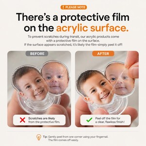 May include: An instructional graphic explaining the removal of a protective film from an acrylic surface. It features two side-by-side images showing a before and after state of a custom acrylic photo cutout, with text detailing the peeling process.