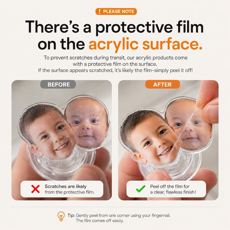 May include: An instructional graphic explaining the removal of a protective film from an acrylic surface. It features two side-by-side images showing a before and after state of a custom acrylic photo cutout, with text detailing the peeling process.