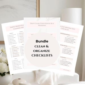 Könnte beinhalten: Ein Bündel aus drei Checklisten zum Reinigen und Organisieren, mit Titeln wie "Einfache wöchentliche Reinigungsroutine" und "Reinigen Sie Ihr Haus an einem Wochenende". Die Checklisten sind auf weißem Papier mit rosa Akzenten gedruckt.