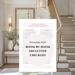 May include: A printable PDF room-by-room declutter checklist with headings for living room and kitchen. The checklist is on a white background with pink accents. The image also includes text that says "A4 + Letter sizes for organized progress" and "Your calm, clutter-free home begins here."