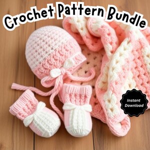 May include: A crochet pattern bundle including a baby hat, booties, and a blanket in pink and white. The set has bow details. The words "Crochet Pattern Bundle" are at the top. The words "Instant Download" are in a black circle.