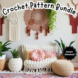 May include: A crochet pattern bundle featuring a variety of designs, including a large round wall hanging, a smaller wall hanging with tassels, and a crocheted pillow. The image also includes a crocheted footstool and a variety of plants.
