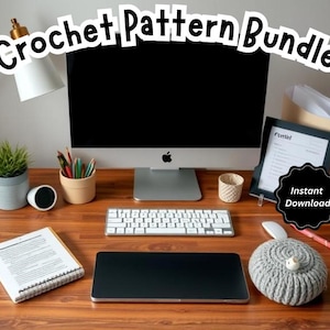May include: A computer desk with a desktop computer, keyboard, mouse, and a notepad. There is a small potted plant, a pencil holder, and a crocheted gray and white coaster on the desk. The text "Instant Download" is visible in a black circle on the desk. The text "Crochet Pattern Bundle" is visible at the top of the image.