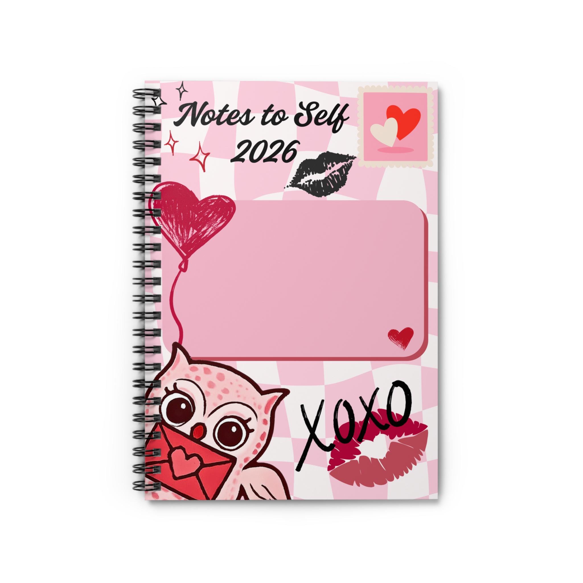 Notes to Self 2026 Owl Heart Pink XOXO Spiral Notebook, Valentines Day Journal