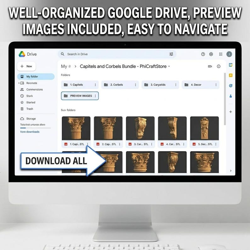 May include: A computer monitor displaying a Google Drive folder titled Capitels and Corbels Bundle - PhiCraftStore. The screen shows organized folders and preview images of architectural elements with a blue arrow pointing to DOWNLOAD ALL.