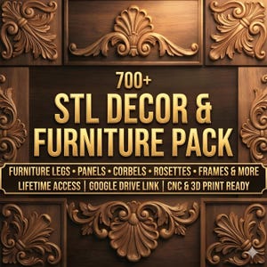 Puede incluir: Fondo de madera marrón oscuro con elementos decorativos tallados. La imagen presenta el texto "700+ STL DECOR & FURNITURE PACK" en letras doradas, junto con una lista de artículos incluidos y detalles de acceso.