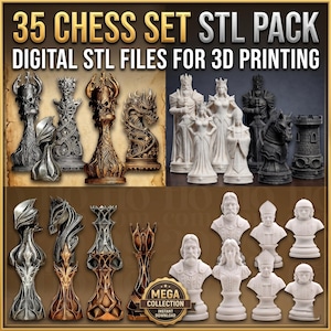 Paquete de archivos STL de ajedrez / Más de 35 piezas personalizadas para impresión 3D / Juegos de mesa