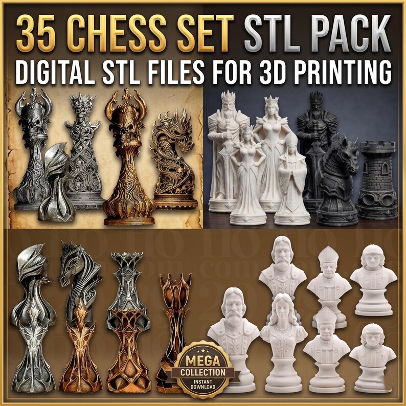 Chess Sets STL Pack | 35+ Set of 3D Print Custom Pieces | Tabletop ...