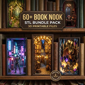 Könnte beinhalten: Eine Präsentation von 3D-druckbaren Buch-Nook-Modellen. Die Modelle umfassen eine futuristische Stadtlandschaft, eine europäische Straßenszene und eine Fantasy-Drachen-Szene. Das Bild zeigt den Text "60+ BOOK NOOK STL BUNDLE PACK 3D PRINTABLE FILES."