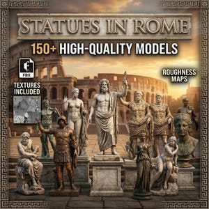 May include: A collection of classical statues, including figures of gods and historical figures, are displayed in front of the Colosseum. The image features the text "STATUES IN ROME" and "150+ HIGH-QUALITY MODELS". The statues are in various poses and made of stone.