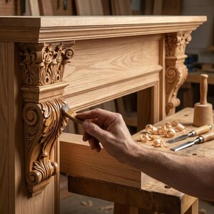 May include: A light brown wooden fireplace mantel featuring intricate carved corbels with scroll and leaf patterns. The wood grain is visible across the smooth surface, and a brush is applying a finish to the detailed carved section.