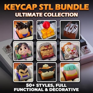 May include: A collection of custom keycaps with various character designs, including a clown, a spider, and anime characters. The image features the text "KEYCAP STL BUNDLE ULTIMATE COLLECTION" and "50+ STYLES, FULL FUNCTIONAL & DECORATIVE".