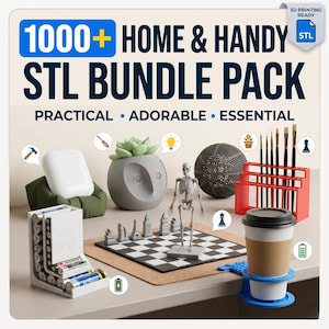 May include: An assortment of 3D-printed home and handy items, including a succulent pot, a skeleton, a chess set, and a coffee cup holder. The image features the text "1000+ HOME & HANDY STL BUNDLE PACK". The items are in various colors and designs.