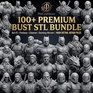 May include: A collection of gray resin busts of various Sci-Fi, Fantasy, Cinema, and Gaming heroes. The image includes busts of Batman, armored figures, and characters with beards. Text on the image reads "100+ PREMIUM BUST STL BUNDLE".