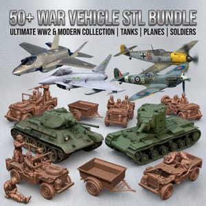 May include: An image showcasing a collection of war vehicle STL models, including tanks, planes, and soldiers. The image features various aircraft and tanks in different colors, along with several brown jeeps and trailers. The text at the top reads "50+ WAR VEHICLE STL BUNDLE".