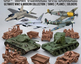 STL-bundelpakket oorlogsvoertuigen | 50+ WO II en moderne tanks, straaljagers, soldaatminiaturen