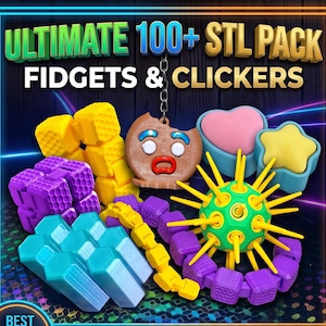 Puede incluir: Una colección de coloridos juguetes fidget y clickers, que incluyen cubos, un recipiente en forma de corazón y un recipiente en forma de estrella. La imagen presenta el texto "ULTIMATE 100+ STL PACK FIDGETS & CLICKERS" en letras coloridas y en negrita.