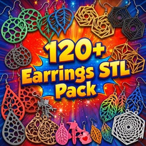 Puede incluir: Una colección de pendientes variados en diferentes formas y colores, incluyendo diseños de hojas, geométricos y de lágrima. La imagen presenta el texto "120+ Earrings STL Pack" en amarillo y azul.