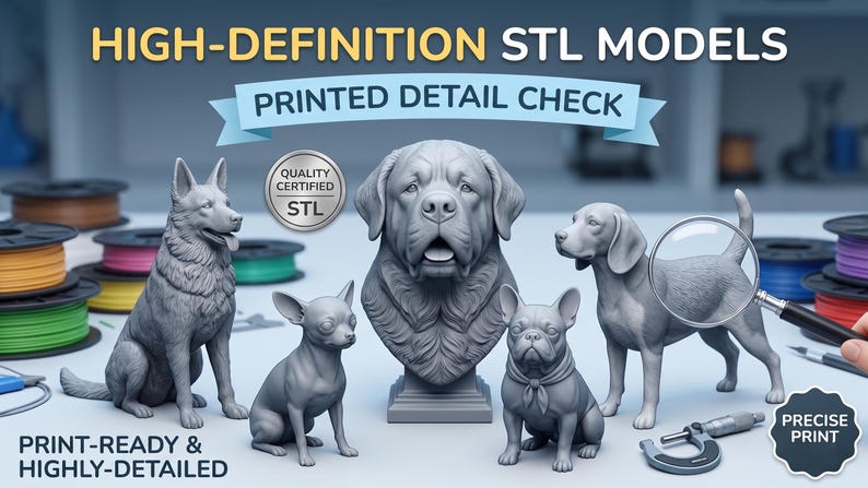 May include: A promotional image showcasing high-definition STL models of various dog breeds. The models are gray and highly detailed, with text reading "PRINTED DETAIL CHECK" and "PRINT-READY & HIGHLY-DETAILED". A magnifying glass and calipers are also present.