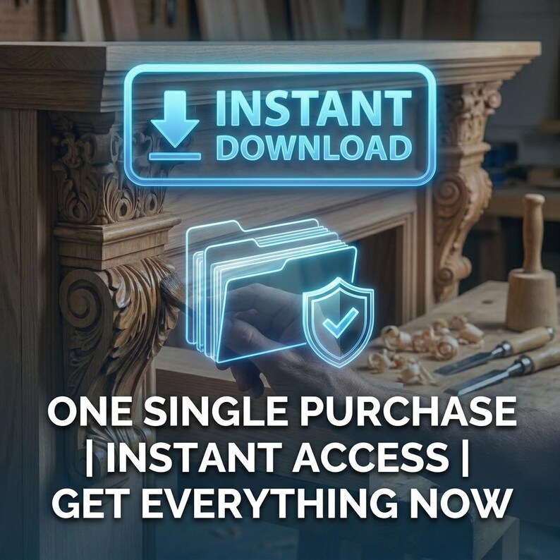 May include: A digital graphic featuring a glowing blue neon-style icon of a download arrow and a file folder with a shield and checkmark. The text reads INSTANT DOWNLOAD, ONE SINGLE PURCHASE | INSTANT ACCESS | GET EVERYTHING NOW.