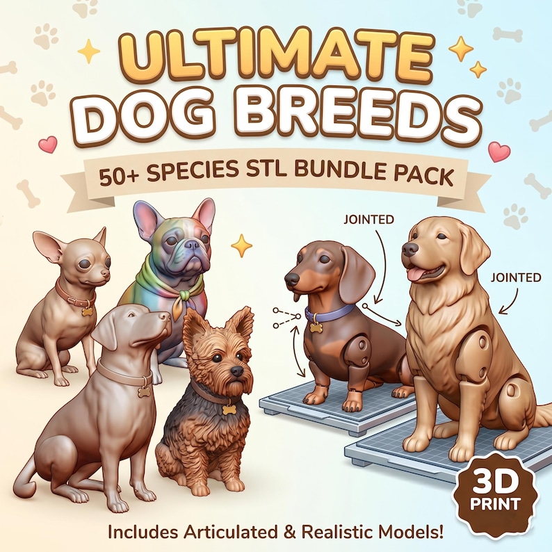 May include: A promotional image for a 3D print bundle featuring various dog breeds. The image includes a Chihuahua, French Bulldog, Labrador, Dachshund, and Yorkshire Terrier. Text reads "ULTIMATE DOG BREEDS" and "50+ SPECIES STL BUNDLE PACK". The models are articulated and realistic.