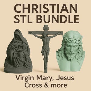 Pode incluir: Uma imagem com um pacote STL cristão com uma estátua da Virgem Maria, um crucifixo e um busto de Jesus usando uma coroa de espinhos. O texto "CHRISTIAN STL BUNDLE" está no topo e "Virgin Mary, Jesus Cross & more" na parte inferior.