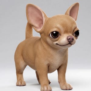 May include: A digitally rendered, tan-colored Chihuahua dog with large, expressive brown eyes and oversized ears. The dog is standing, with a slight smile, showcasing its small size and friendly demeanor. The background is a soft, neutral gray.