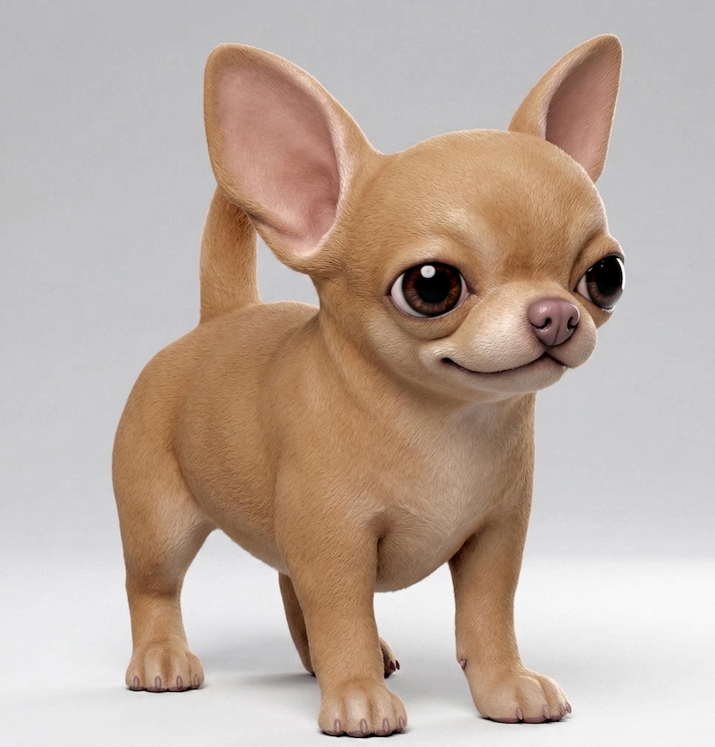 May include: A digitally rendered, tan-colored Chihuahua dog with large, expressive brown eyes and oversized ears. The dog is standing, with a slight smile, showcasing its small size and friendly demeanor. The background is a soft, neutral gray.