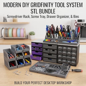 May include: A modern DIY Gridfinity tool system STL bundle, including a screwdriver rack, screw tray, drawer organizer, and bins. The image shows various gray and purple storage units filled with tools and screws, perfect for a desktop workshop.