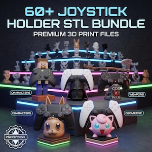 Puede incluir: Imagen promocional para un paquete de archivos de impresión 3D. La imagen presenta varios soportes para mandos de videojuegos, con diseños basados en personajes y armas. El texto dice "60+ JOYSTICK HOLDER STL BUNDLE" y "PREMIUM 3D PRINT FILES".