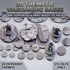 Può includere: Una collezione di 20 basi tematiche per wargame, pronte per la stampa. Le basi presentano vari design e texture. L'immagine include il testo "20 THEMATIC WARGAMING BASES" e "PRE-SUPPORTED & PRINT-READY STL PACK".