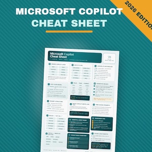 May include: A printable A4 Microsoft Copilot Cheat Sheet 2026 Edition. The document features a teal and white layout with organized sections including prompt structure, role-task-format, and agent modes, providing guidance for using Microsoft 365.