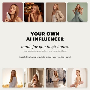 May include: A digital service offering custom AI-generated influencer imagery. The text reads: YOUR OWN AI INFLUENCER made for you in 48 hours. your aesthetic, your niche – one consistent face. 5 realistic photos · made to order · free revision round.