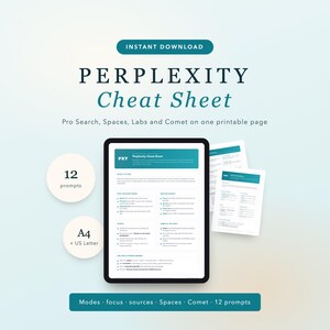 Könnte beinhalten: Ein digitales Perplexity-Spickzettel-Dokument mit 12 Prompts, erhältlich in den Formaten A4 und US Letter. Das Layout enthält Abschnitte für Pro Search, Spaces, Labs und Comet, dargestellt auf einer sauberen, weißen, druckbaren Seite mit blaugrünen Akzenten.