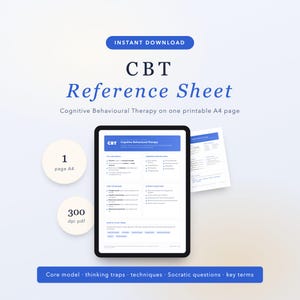 May include: A digital CBT Reference Sheet displayed on a tablet screen, featuring sections for the core model, common thinking traps, techniques, and Socratic questions. The document is formatted for a single A4 page at 300 dpi in PDF format.
