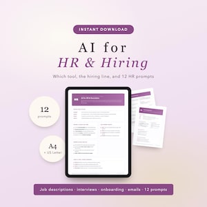 Op de afbeelding: Een digitaal document getiteld AI for HR & Hiring met 12 prompts, functiebeschrijvingen, interviewgidsen en onboarding-materiaal. De lay-out bevat een tabletweergave en geprinte pagina's in A4- en US Letter-formaten met paarse accenten.