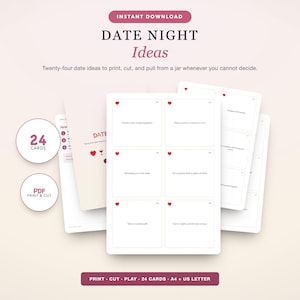 Date Night Cards for Couples, Printable Fun Ideas (24 Cut-Outs)