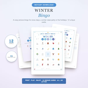 May include: A digital Winter Bingo game set featuring 12 unique cards in A4 and US Letter sizes. The cards display a grid of colorful winter-themed icons including snowmen, penguins, and trees. Text includes "INSTANT DOWNLOAD" and "WINTER Bingo".