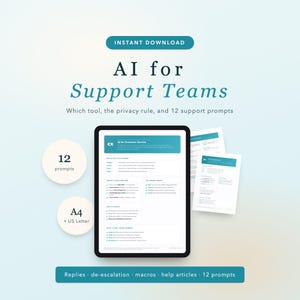 Op de afbeelding: Een digitaal document getiteld AI for Support Teams met 12 prompts, beschikbaar in A4- en US Letter-formaten. De lay-out bevat secties voor klantenservicetools, privacyregels en ondersteuningsstrategieën, met blauwgroene accenten.