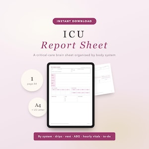 May include: A digital ICU Report Sheet template displayed on a tablet screen, featuring sections for patient data, body systems, drips, vent, ABG, hourly vitals, and to-do lists. The document is available in A4 and US Letter sizes for clinical use.