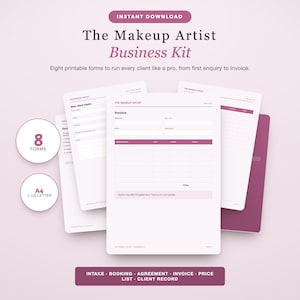 Peut inclure: Un kit professionnel pour maquilleurs comprenant huit formulaires imprimables, dont une facture, une fiche client et une liste de prix. Les documents sont au format A4 et US Letter, présentés avec une mise en page épurée et des accents rose foncé.