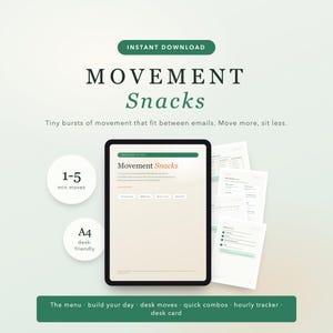 Może przedstawiać: Cyfrowy dokument zatytułowany Movement Snacks zawierający krótkie serie ćwiczeń do wykonania między e-mailami. Układ obejmuje tablet z przewodnikiem, strony w formacie A4 oraz tekst wymieniający funkcje, takie jak menu, plan dnia, ćwiczenia przy biurku, szybkie zestawy, tracker godzinowy i karta biurkowa.
