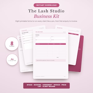 Op de afbeelding: Een digitale zakelijke kit voor wimperstudio's met acht printbare formulieren, waaronder een factuur en een klantintakeformulier. De documenten zijn in A4- en US Letter-formaat, met roze accenten en de tekst The Lash Studio Business Kit.