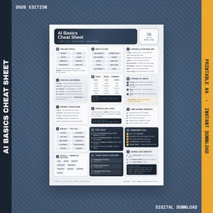 AI Basics Cheat Sheet 2026 | Printable Beginner Guide to ChatGPT, Claude & Gemini | Prompting Made Simple | Digital Download PDF