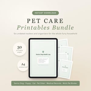 Pet Care Printables Bundle | 6 Undated Trackers | Senior Dog, Puppy, Cat, Pet Sitter, Medical Records, Multi-Pet | PDF Download