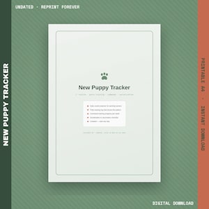 Puede incluir: Un documento New Puppy Tracker blanco con un icono de huella verde, que incluye secciones para rutina diaria, entrenamiento para ir al baño, progreso de comandos y socialización. El texto incluye 'New Puppy Tracker', 'routine', 'potty training', 'commands'.